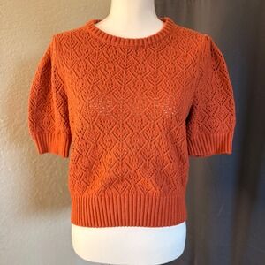 Marled Rust Orange Pointelle Knit Puff Short Sleeve Sweater Top Womens Large